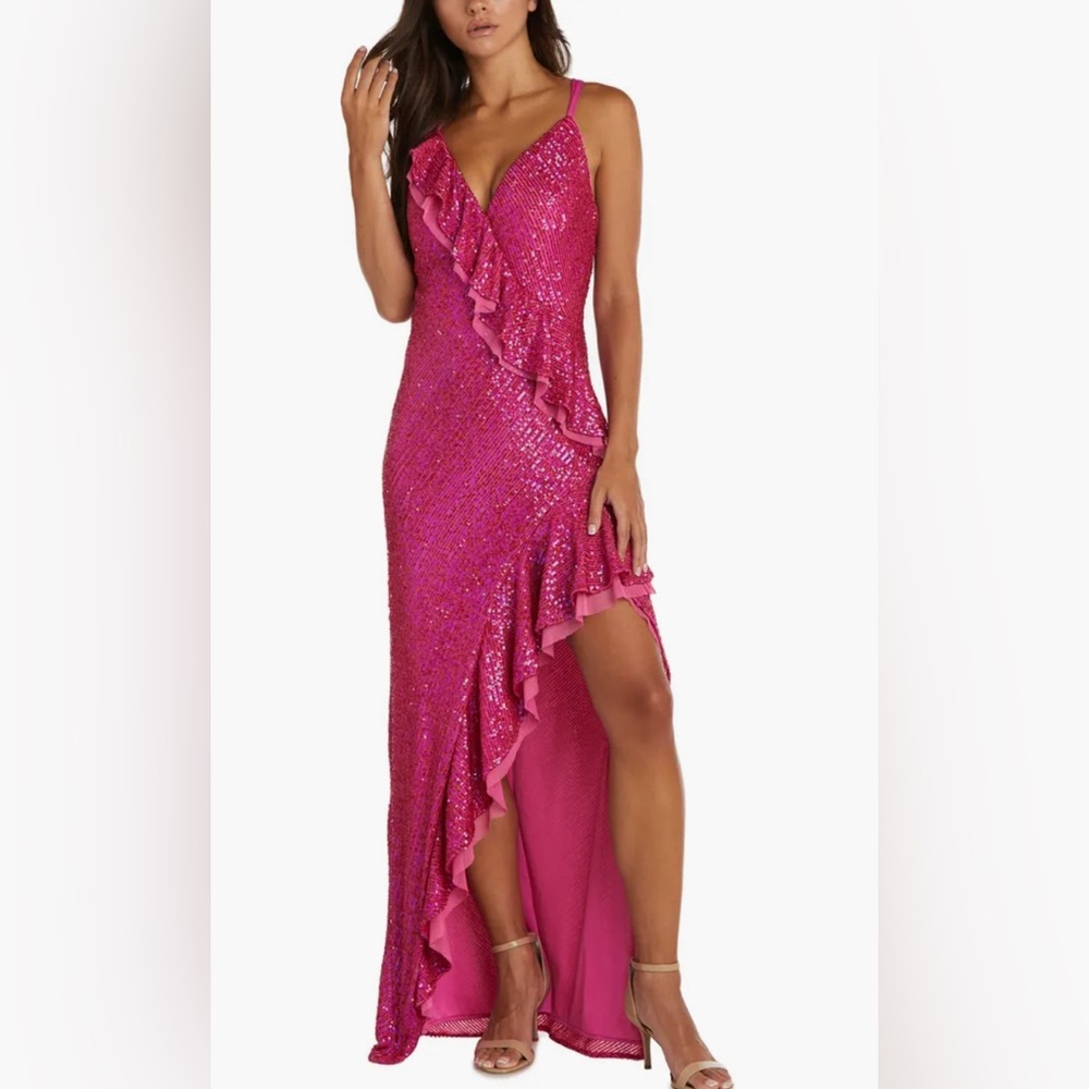 Morgan & Co. Sequin ruffle High-Low Dress